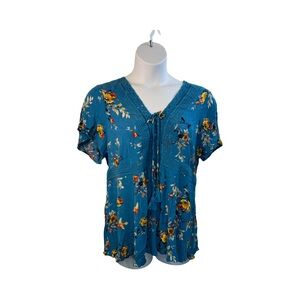 Torrid Womens Top 2X Turquoise Floral Lace-up Tassels Babydoll Flutter Sleeve